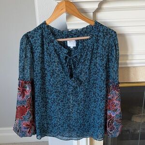 MISA Los Angeles floral print tie-neck blouse. Like new